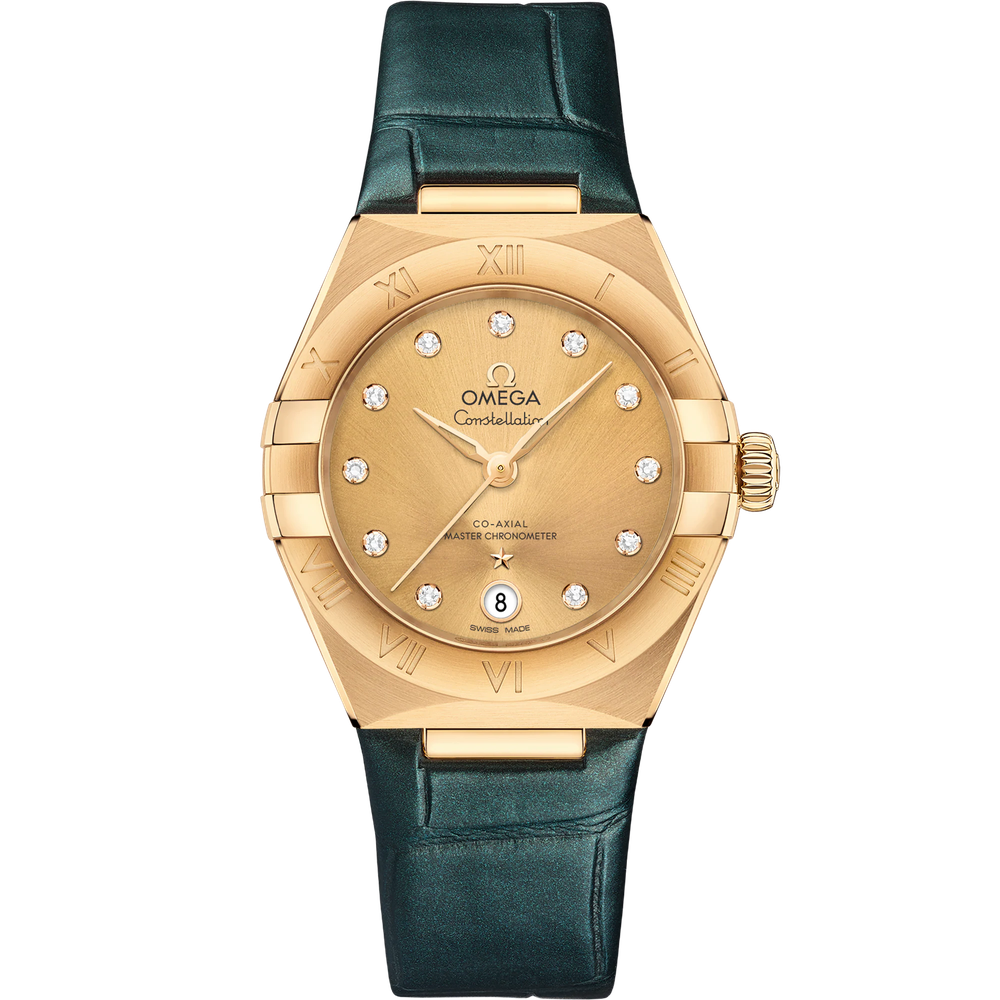 CONSTELLATION 29 MM, YELLOW GOLD ON LEATHER STRAP