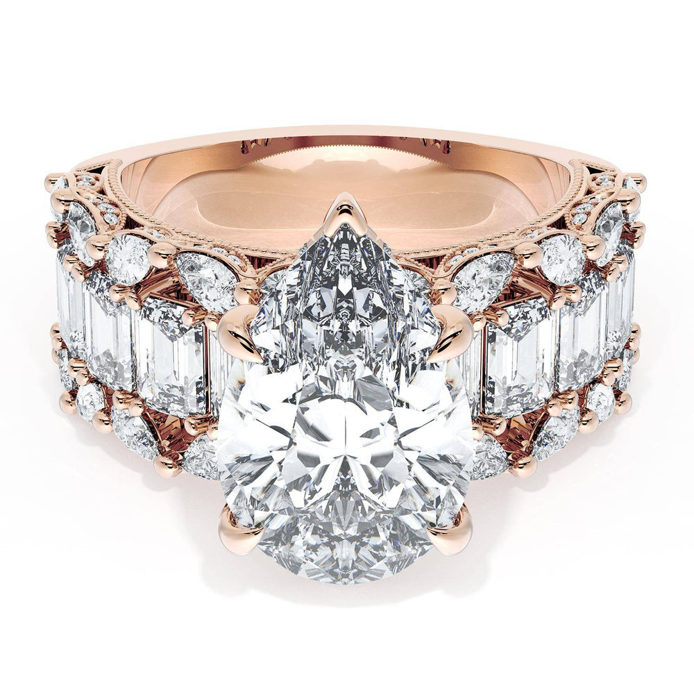 Pear Solitaire Engagement Ring w/ Emerald & Pear Band