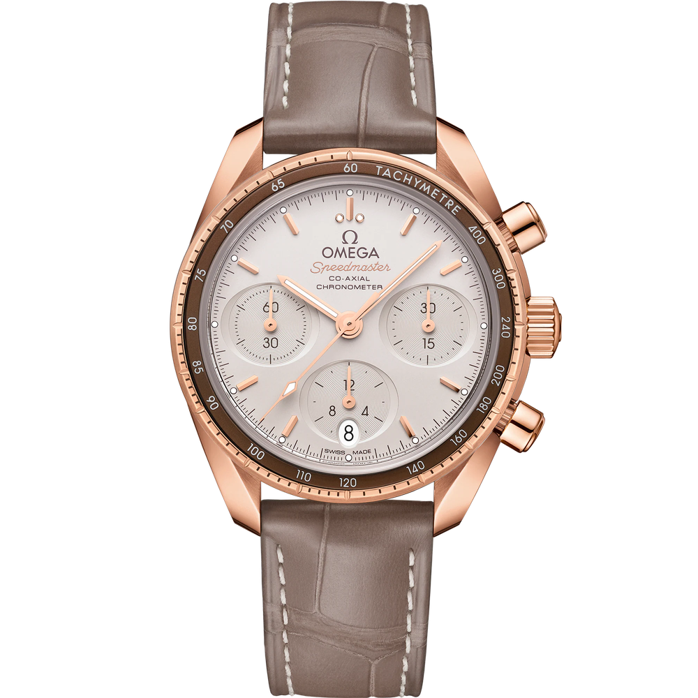 SPEEDMASTER 38 MM, SEDNA™ GOLD ON LEATHER STRAP
