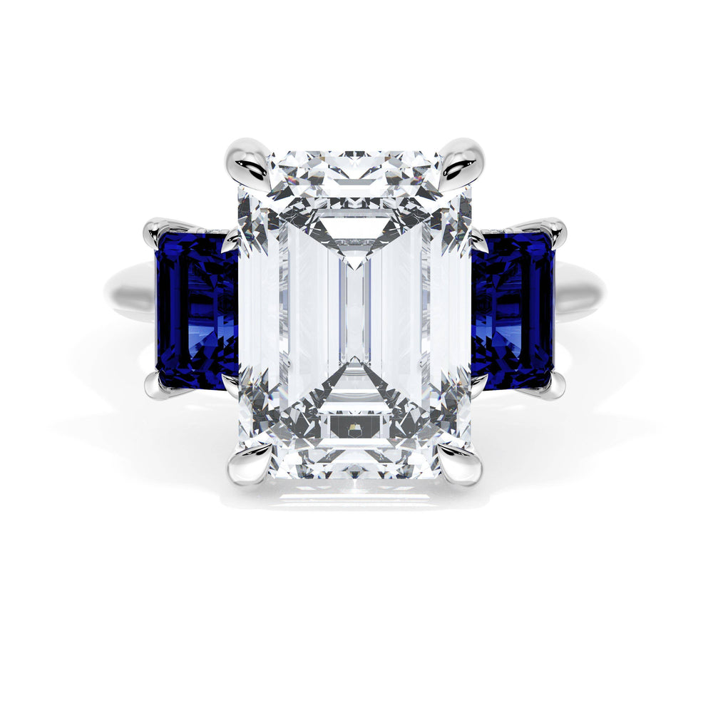 Emerald 3-Stone Engagement Ring in Blue Sapphire