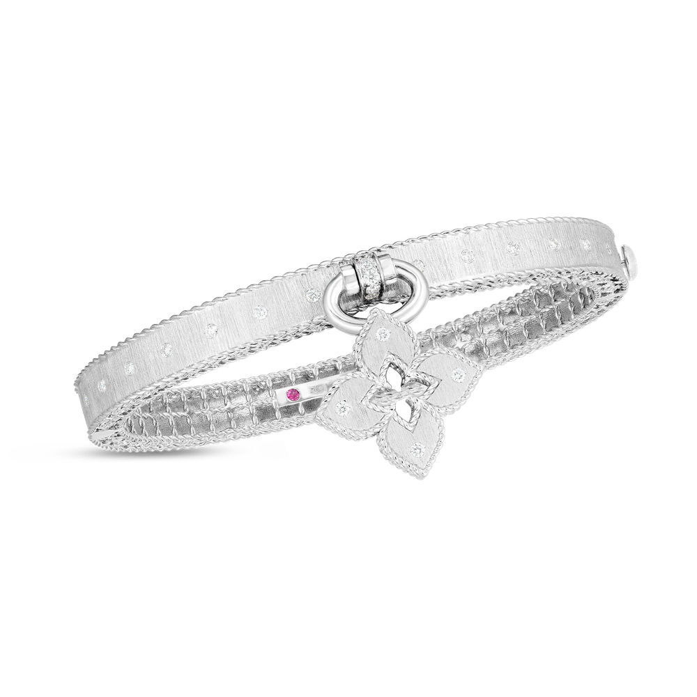 Petite Venetian Princess Diamond And Satin Finish Dangling Flower Charm Bangle