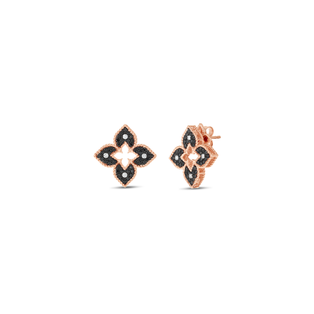 Petite Venetian Princess Black And White Diamond Flower Stud Earrings