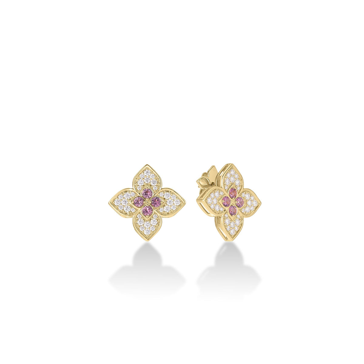 Roberto Coin Venetian Princess Large Carnival Flower Stud Earrings Pavé Diamond, Rubellite in 18K yellow gold