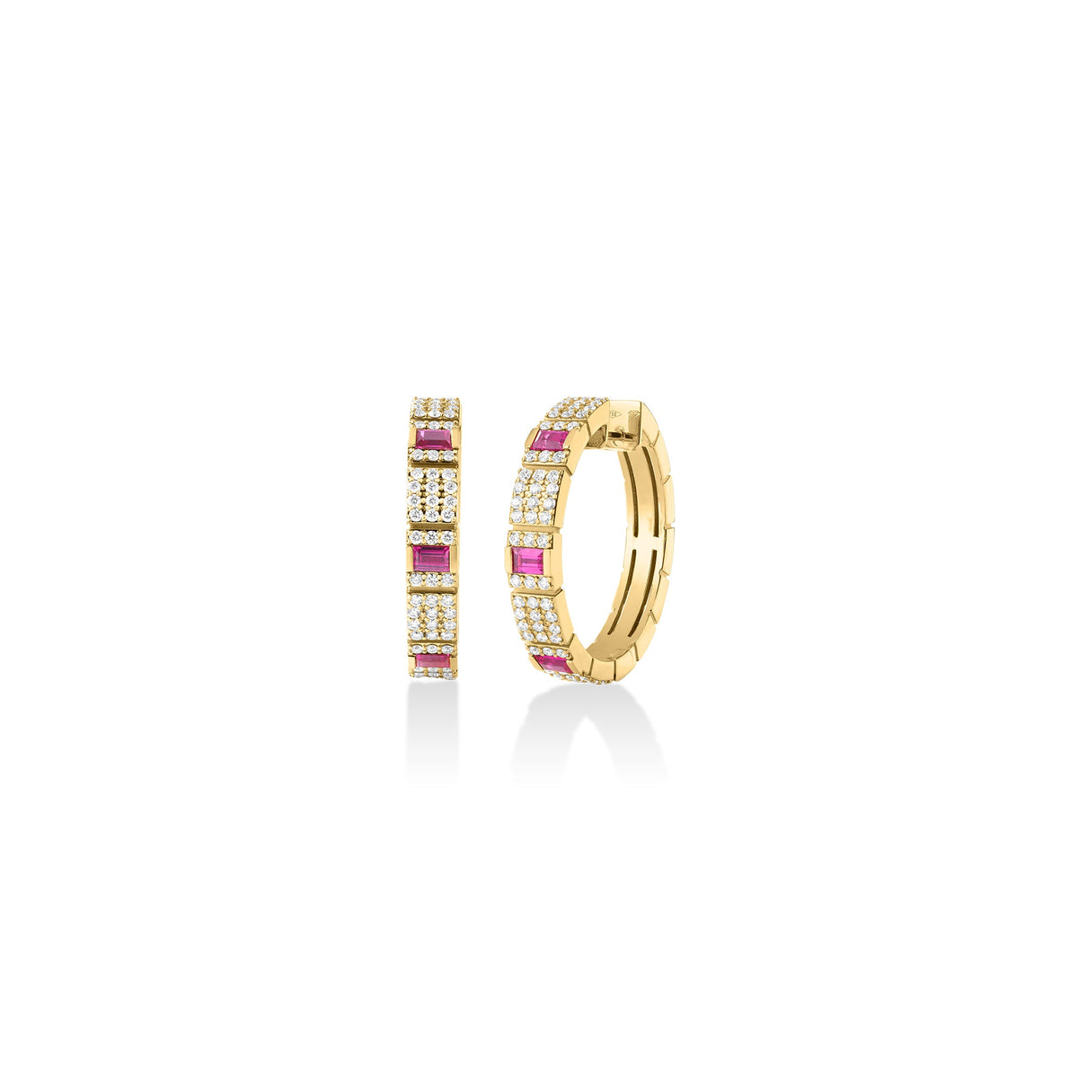 Roberto Coin Obelisco Mixed Cut Hoop Earrings with ruby and diamond in 18K yellow gold