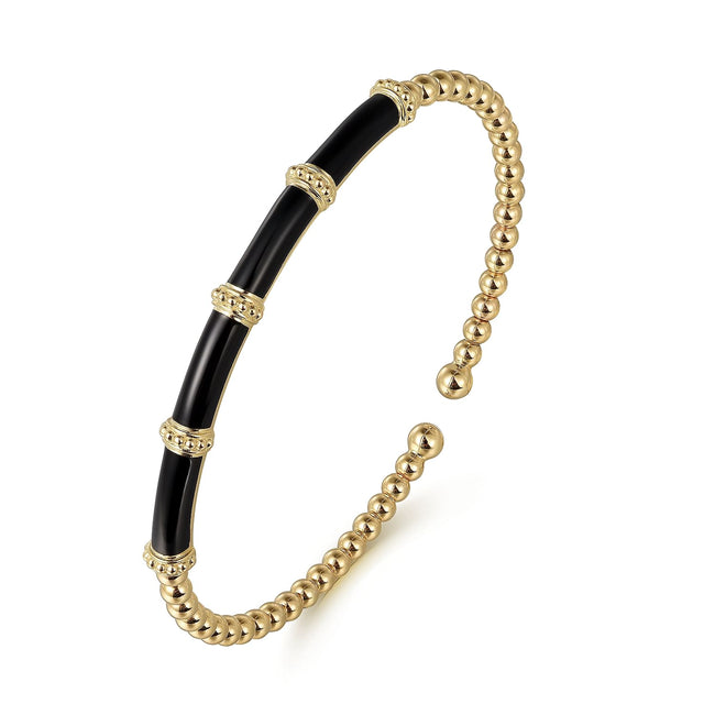 14K Yellow Gold Bujukan and Bar Split Bangle with Black Enamel