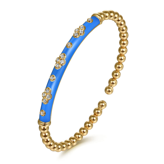 14K Yellow Gold Bujukan Beads and Diamond Split Bangle Bracelet with Blue Enamel