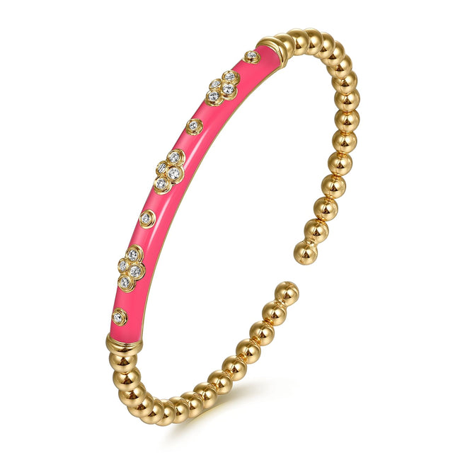 14K Yellow Gold Bujukan Beads and Diamond Split Bangle Bracelet with Fuchsia Enamel