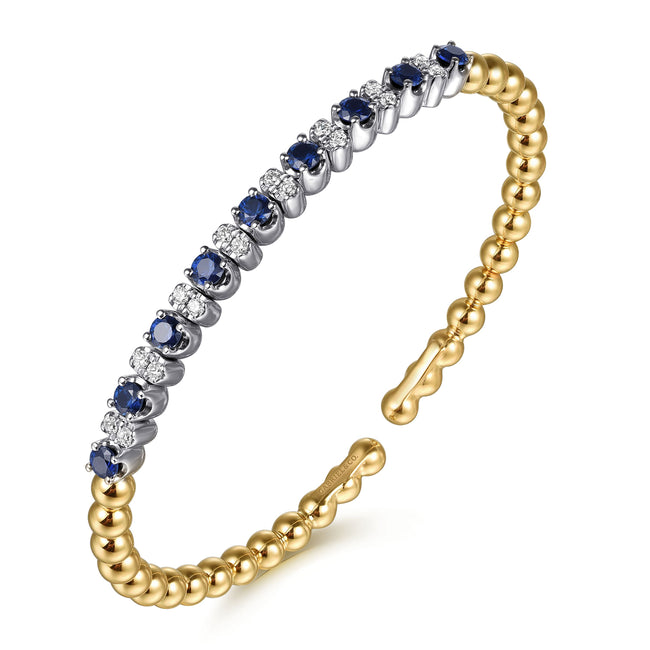 14K White & Yellow Gold Bujukan Diamond and Sapphire Split Bangle Bracelet