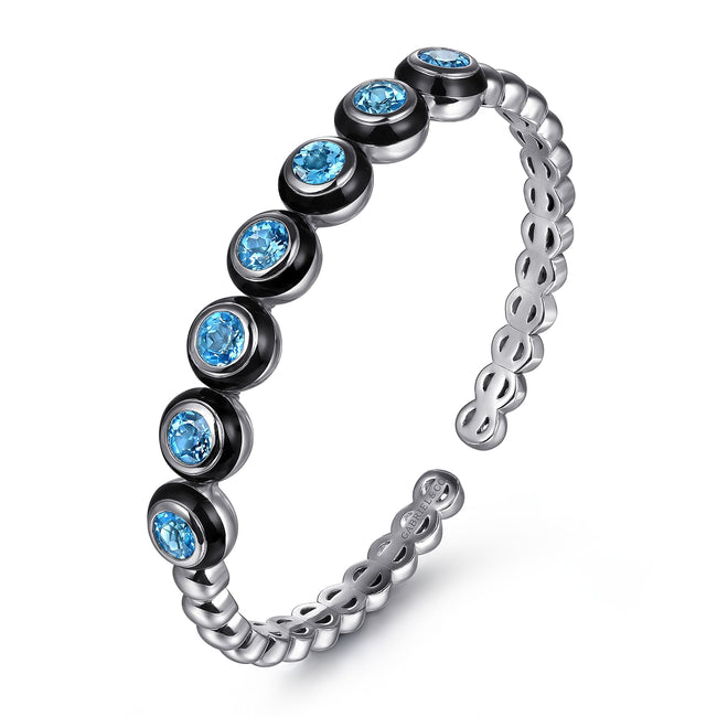 925 Sterling Silver Bujukan and Blue Topaz Open Bangle Bracelet with Black Enamel