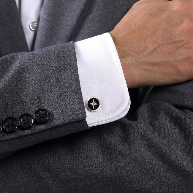 925 Sterling Silver Round Cufflinks with Diamond and Onyx