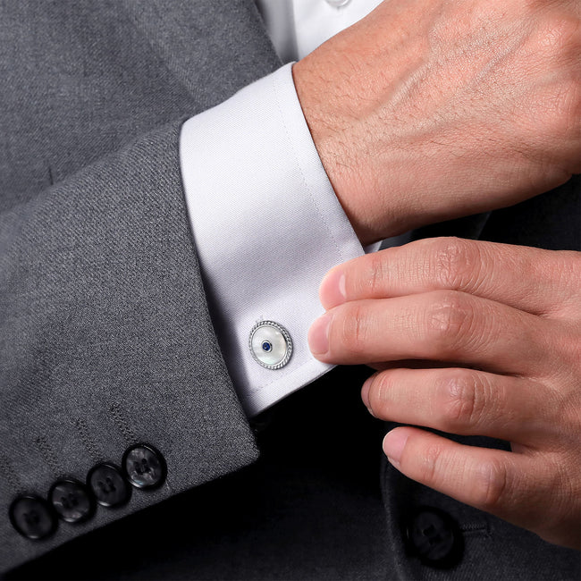 925 Sterling Silver Round Cufflinks with White Mother of Pearl and Sapphire
