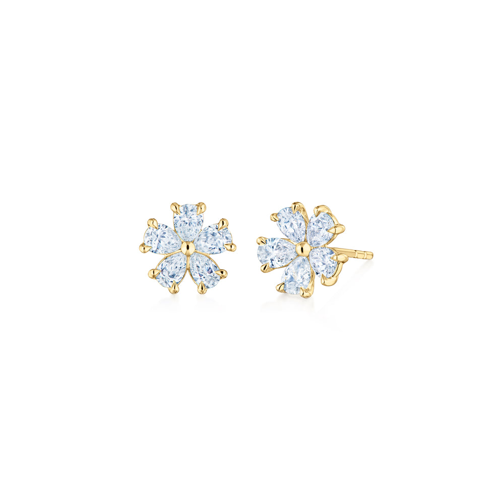 Cluster Floral Stud Earrings with Pear Shape Diamonds in 18k Yellow Gold