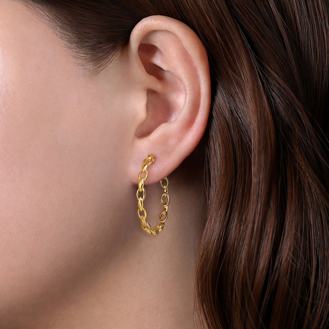 14K Yellow Gold 30mm Chain Pattern Hoop Earrings