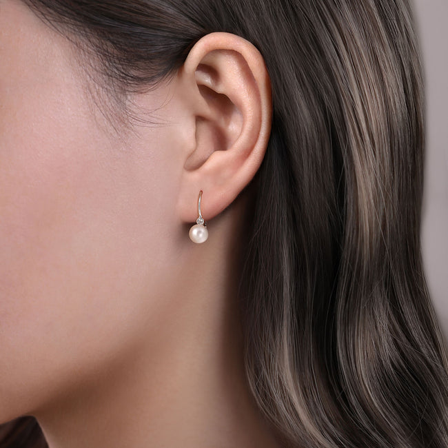 925 Sterling Silver Bezel Set Diamond and Pearl Leverback Earrings
