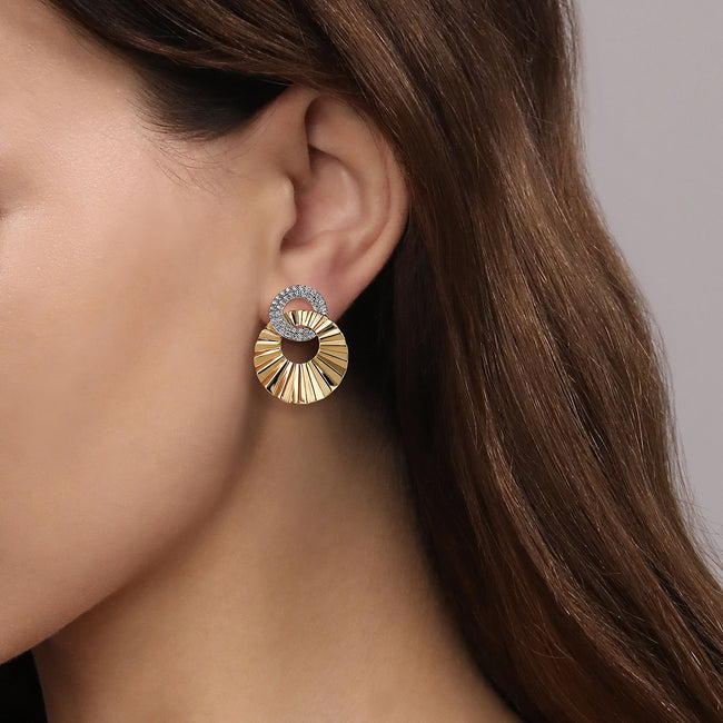 14K White and Yellow Gold Double Round Disk Earrings Stud With Diamond Cut Texture