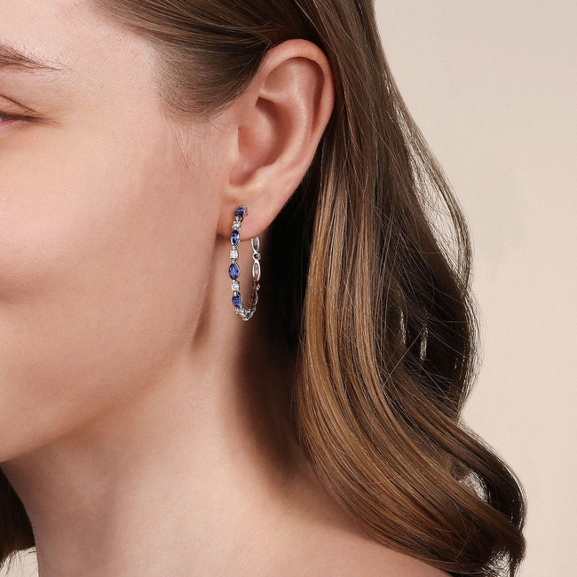 14K White Gold Diamonds and Marquise Blue Sapphire Classic Hoop Earrings