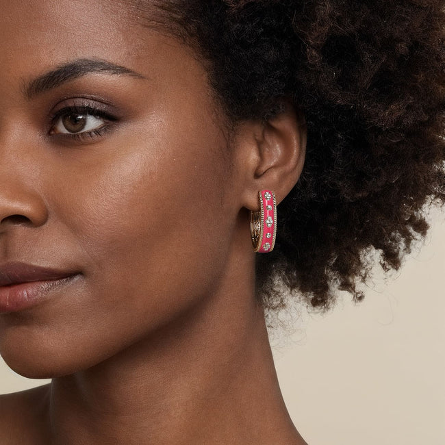 14K Yellow Gold Bujukan Diamond Classic Hoop Earrings with Fuchsia Enamel