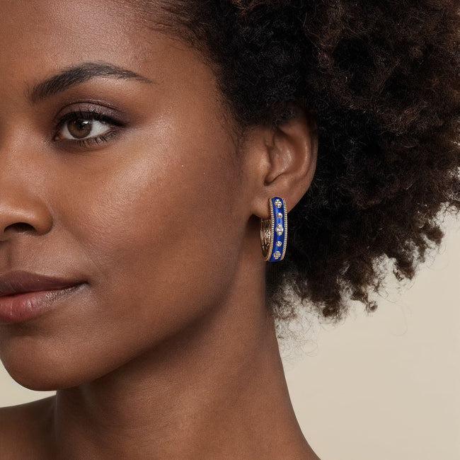 14K Yellow Gold Bujukan Diamond Classic Hoop Earrings with Chrome Blue Enamel