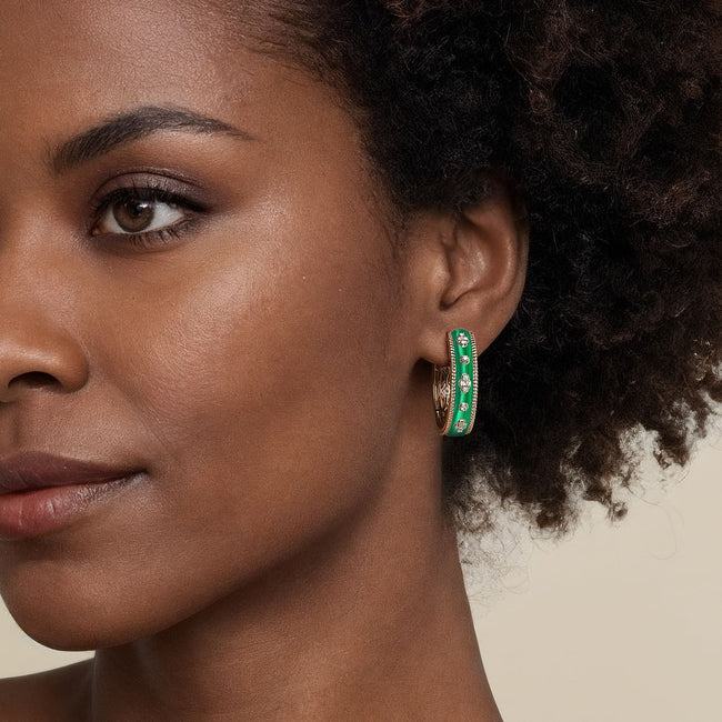 14K Yellow Gold Bujukan Diamond Classic Hoop Earrings with Chrome Green Enamel