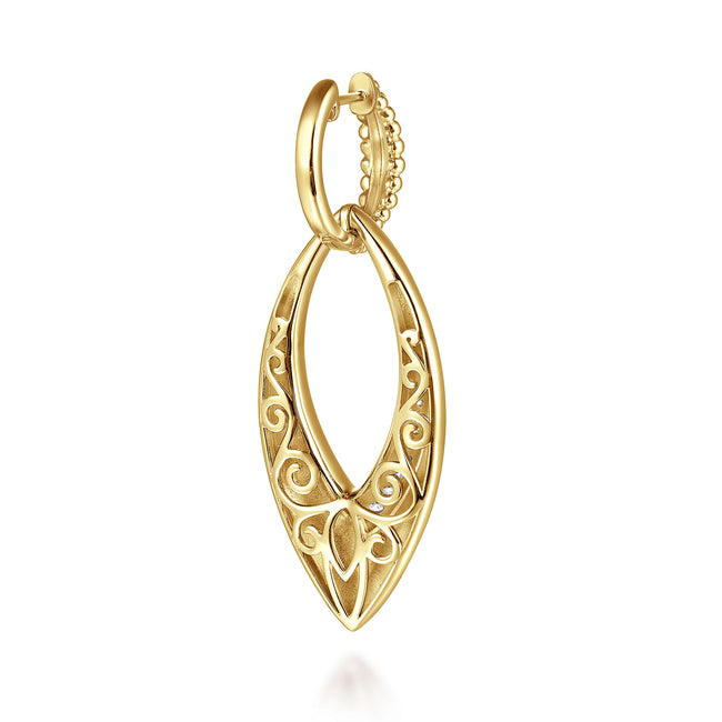 14K Yellow Gold Bujukan and Diamond Marquise Huggie Drop Earrings