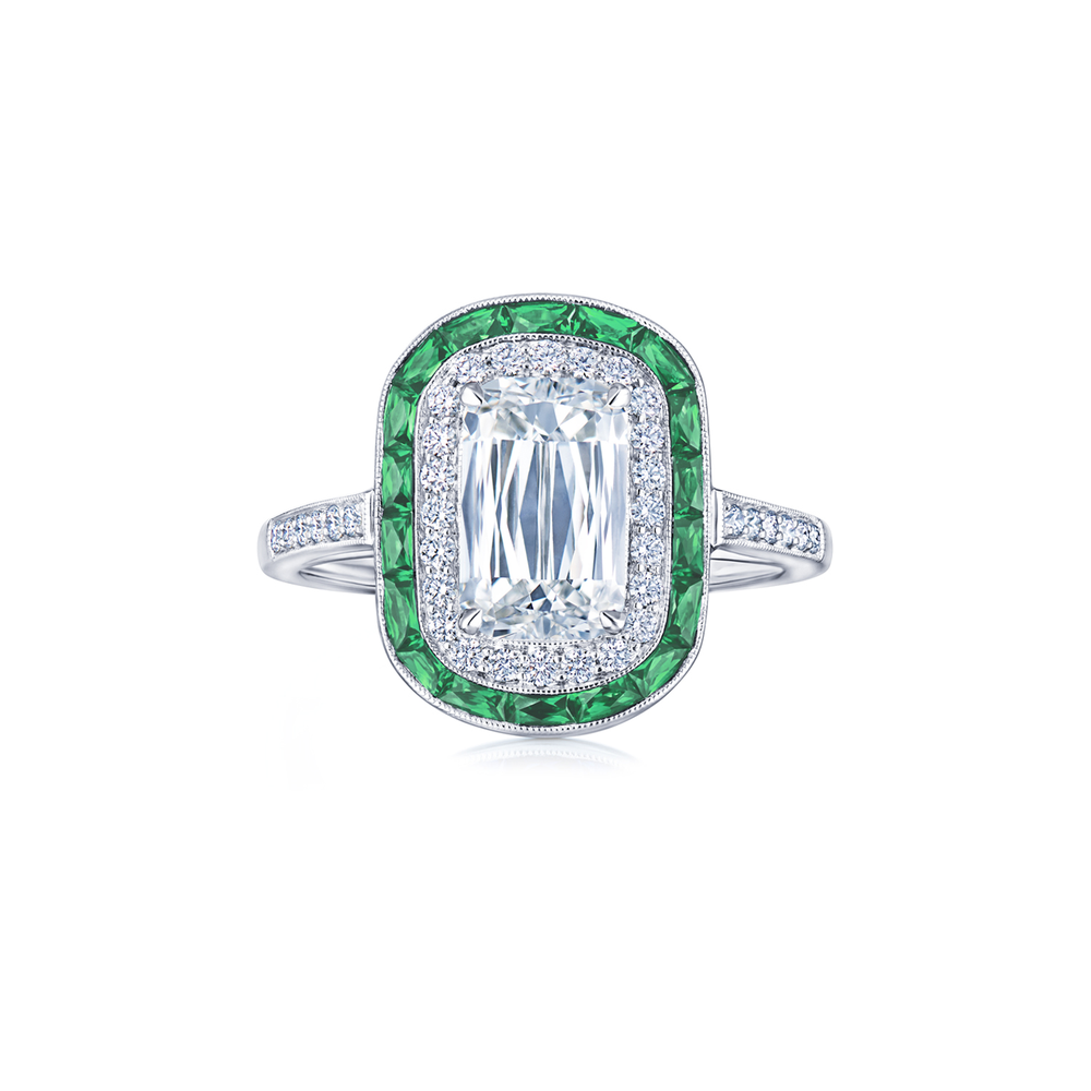 Ashoka Diamond Engagement Ring with an Emerald and Diamond Double Halo in Platinum, Ashoka Center Diamond of 1.15 Carats, H Color, VS2 Clarity