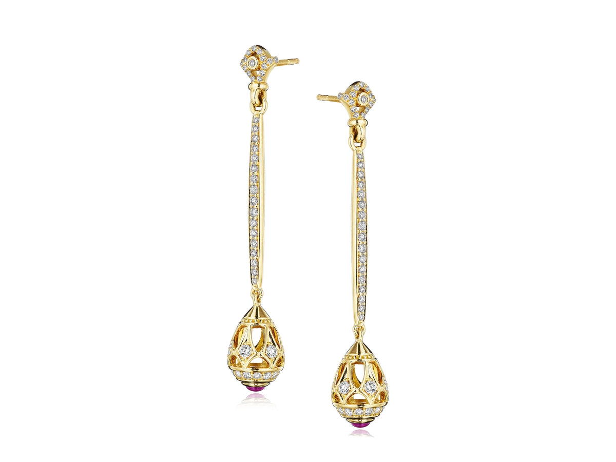 BEAD 2 DIAMOND & RHODOLITE DROP EARRING
