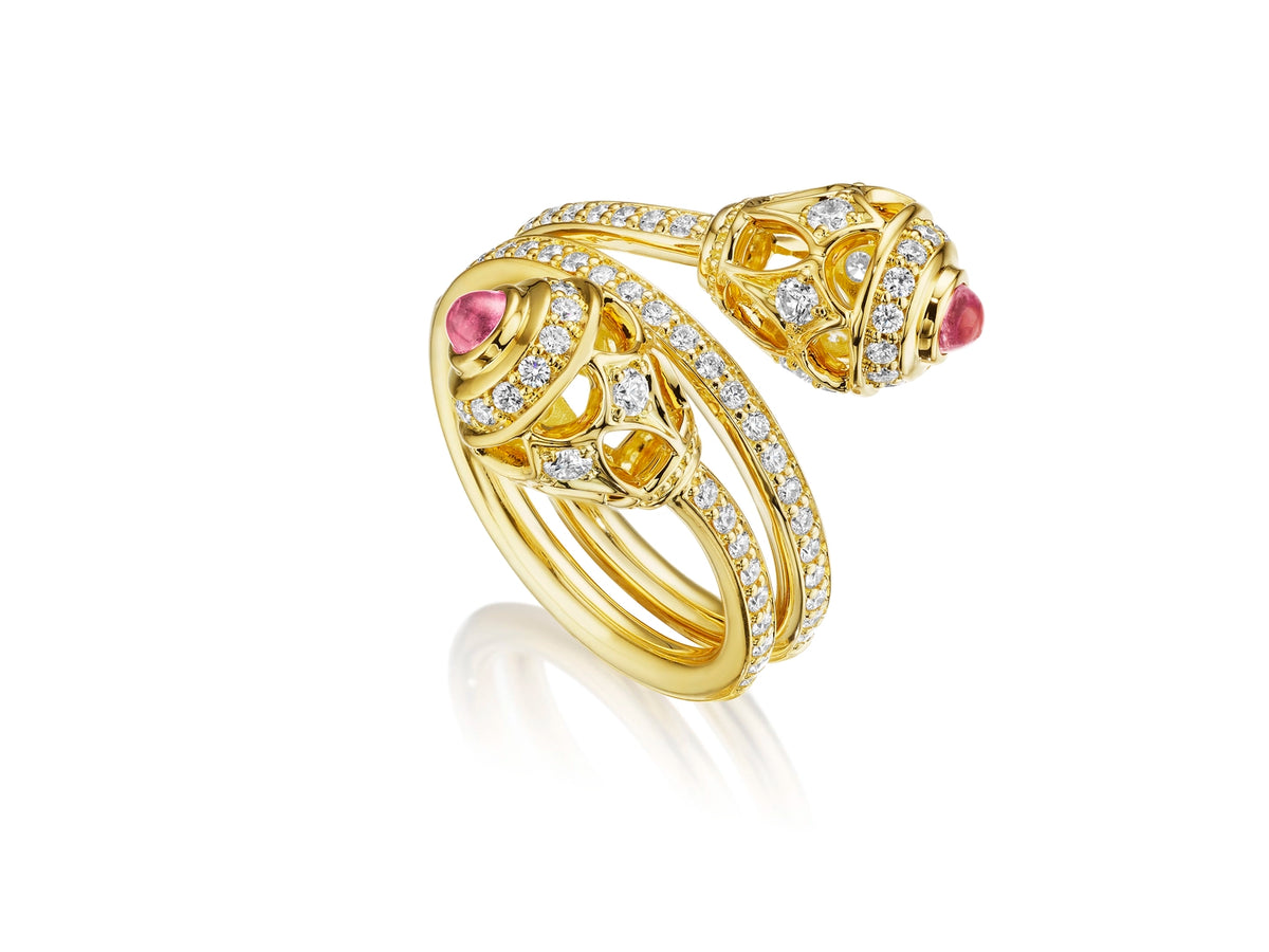 BEAD 2 DIAMOND & RHODOLITE TOI ET MOI DOUBLE RING