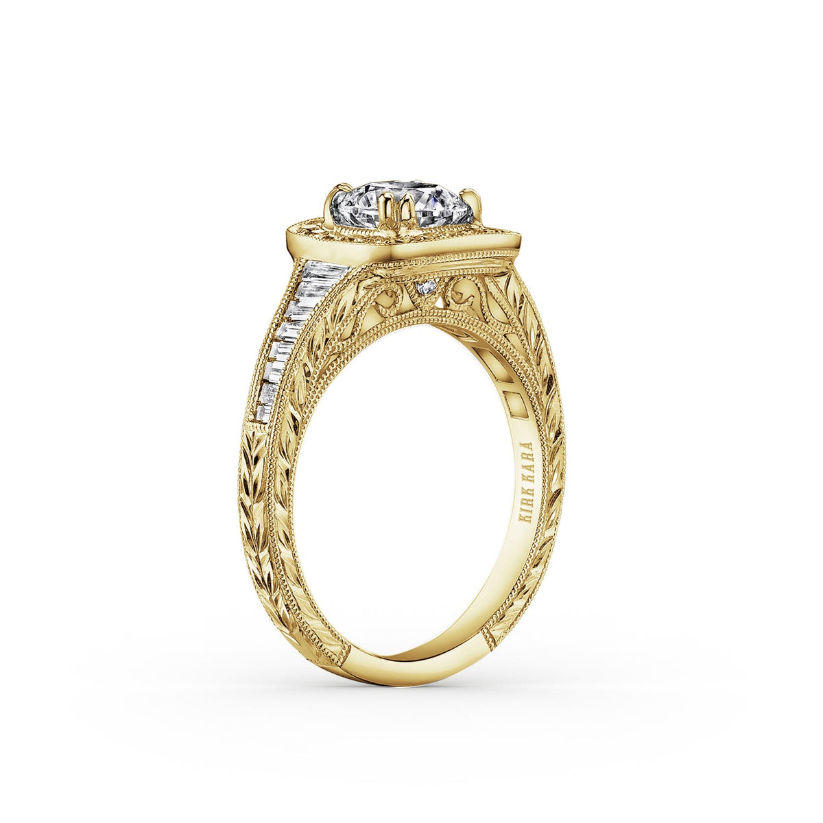 Baguette Halo Diamond Engraved Engagement Ring