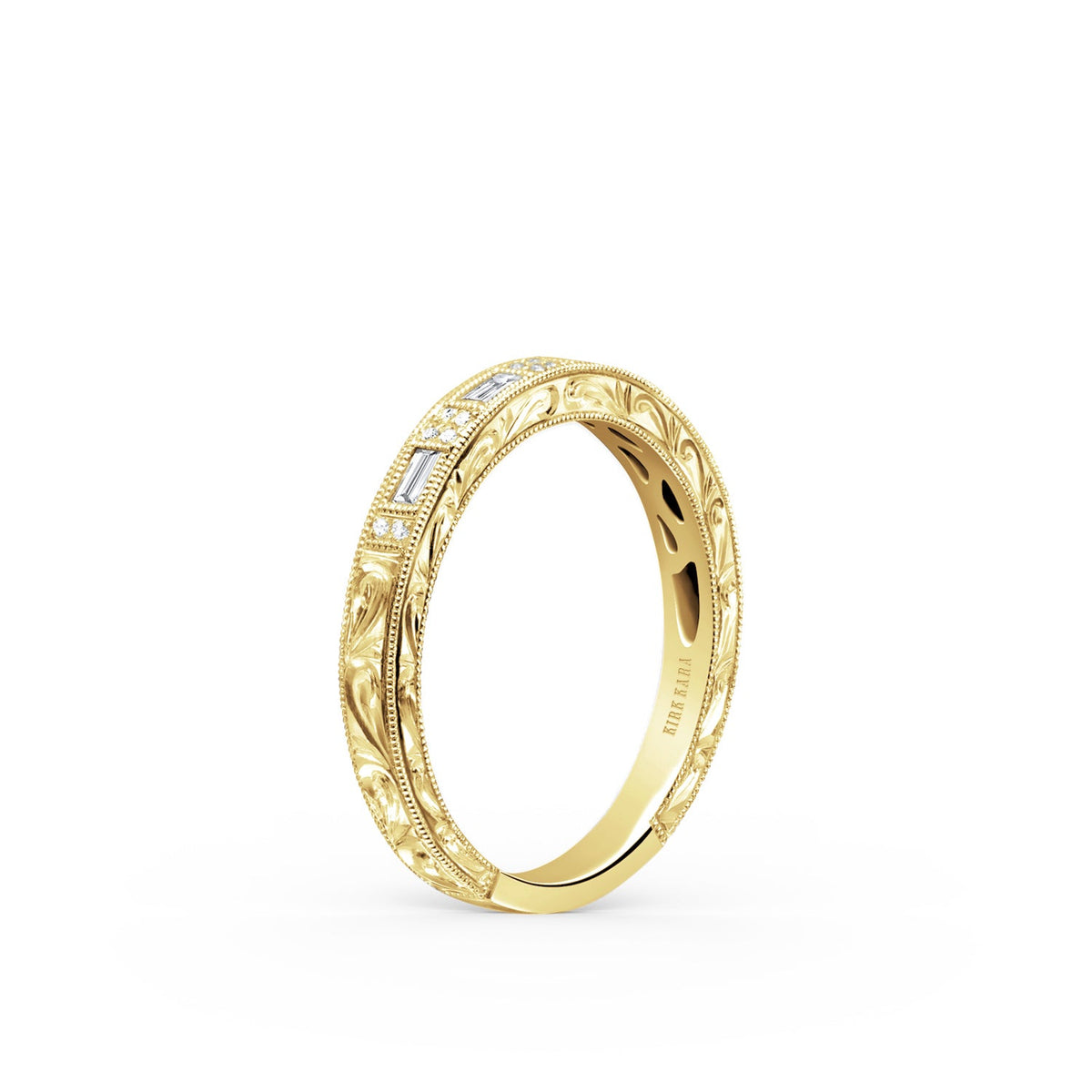Baguette Diamond Scroll Engraved Wedding Band