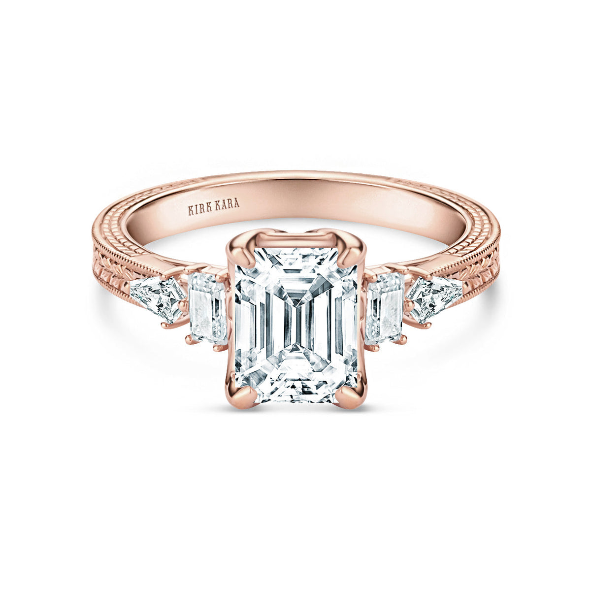 Kite Accent Engraved Cathedral Diamond Engagement Ring