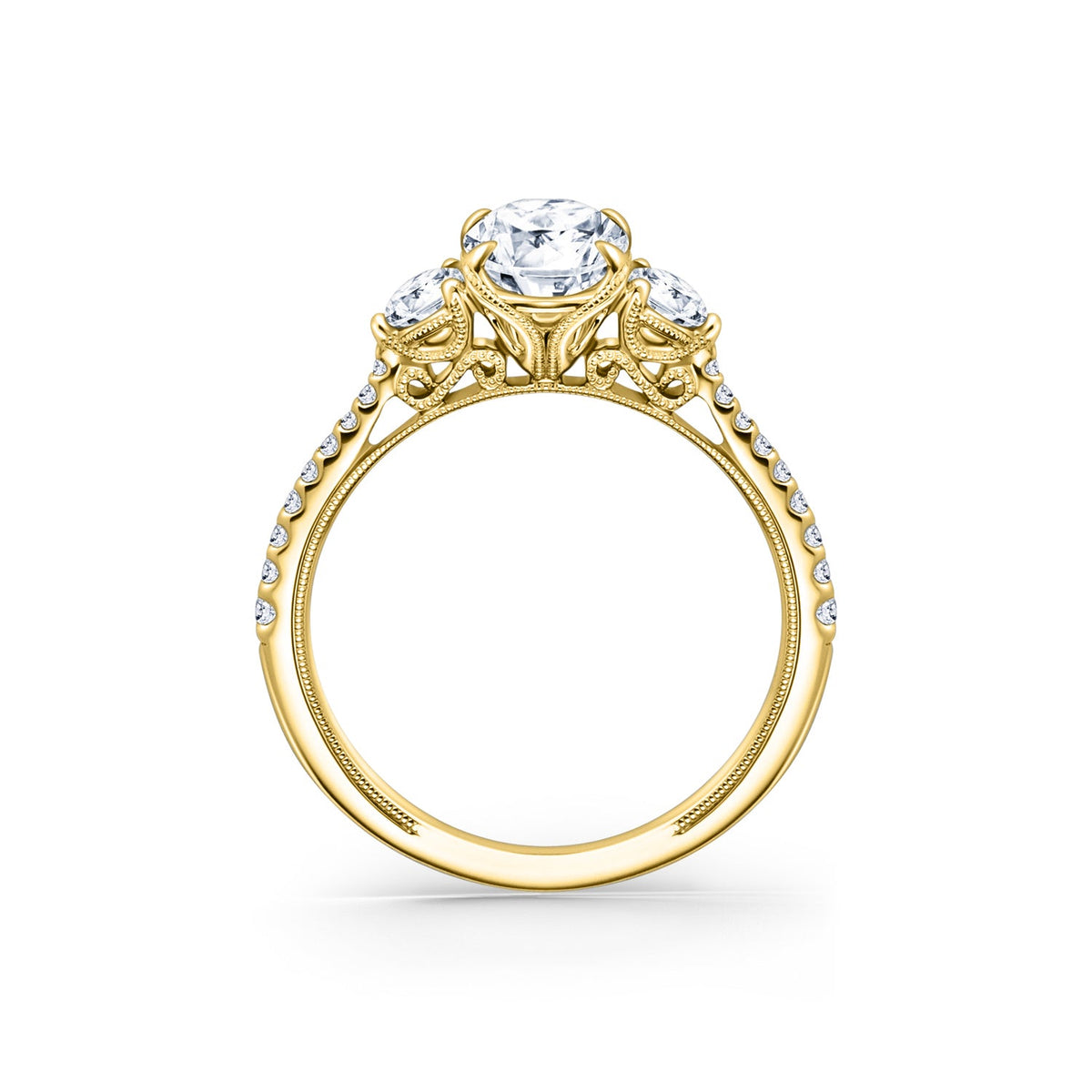 Three Stone Round Side Stone Diamond Accent Engagement Ring