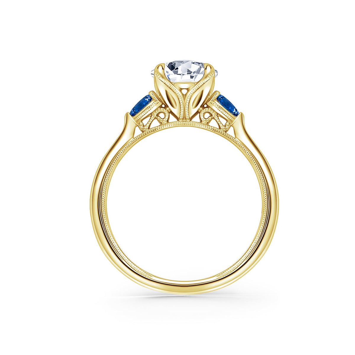 Three Stone Blue Sapphire Pear Side Stone Engagement Ring