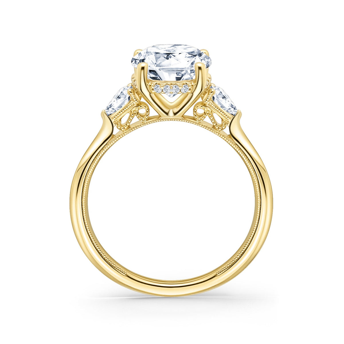 Three Stone Pear Hidden Halo Diamond Engagement Ring