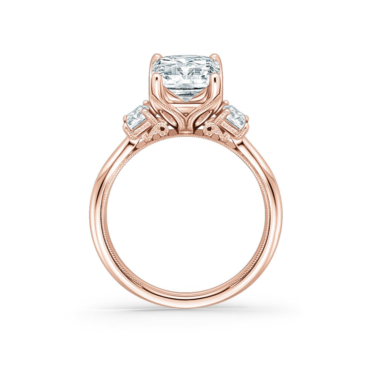 Wide Three Stone Emerald Side Stone Diamond Engagement Ring