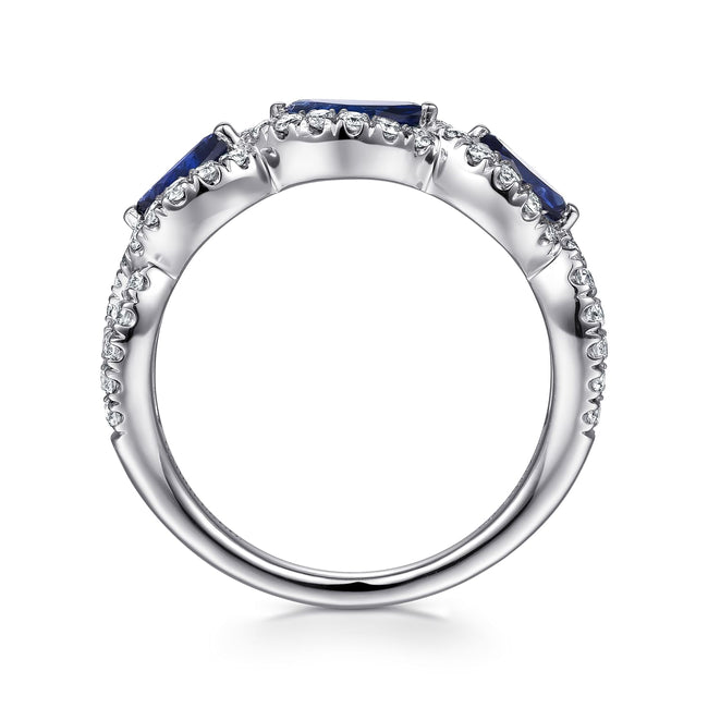14K White Gold Twisted Diamond Rows and Sapphire Marquise Stones Ring