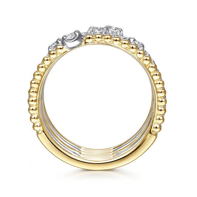 14K White-Yellow Gold Five Row Bujukan Ball and Diamond Station Ring