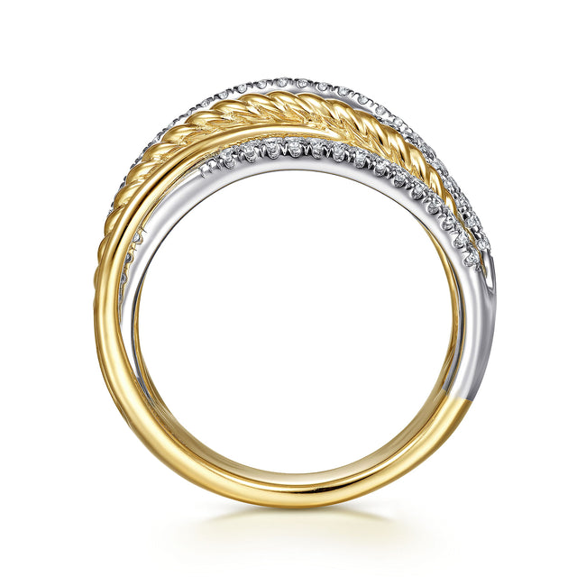14K White-Yellow Gold Twisted Rope and Diamond Criss Cross Ring