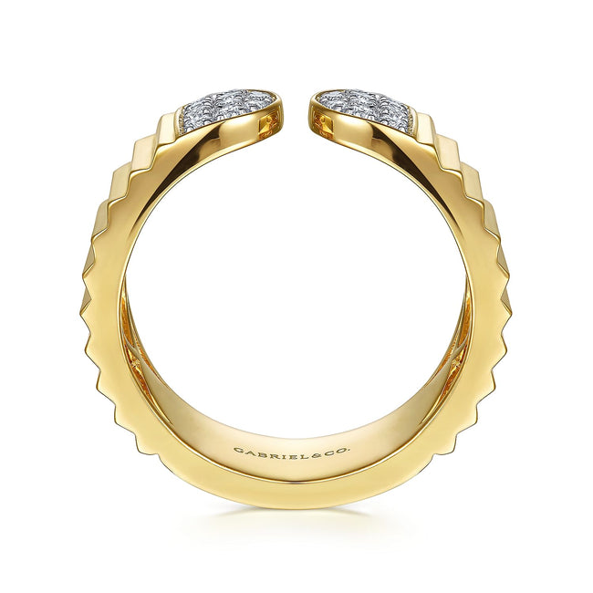 14K Yellow Gold Open Ring with Diamond Pavé End Caps and Diamond Cut Texture