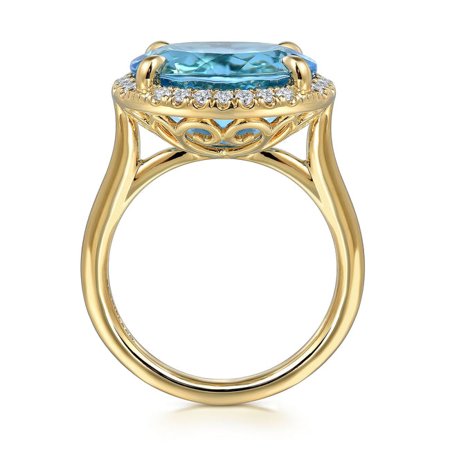 14K Yellow Gold Diamond and Oval Shape Blue Topaz Ladies Ring With Flower Pattern Gallery