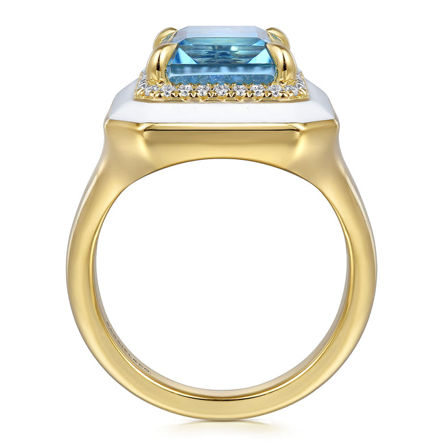 14K Yellow Gold Diamond Halo and Blue Topaz Cocktail Ring with White Enamel
