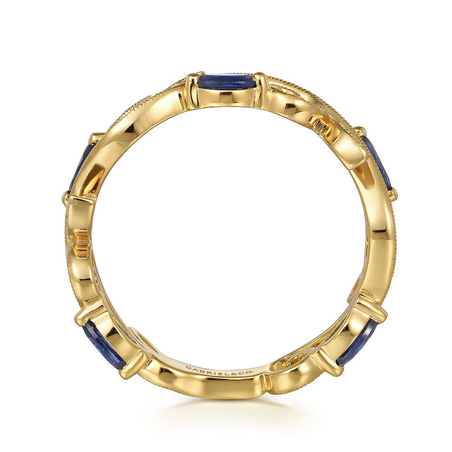 14K Yellow Gold Diamond and Blue Sapphire Filigree Pattern Stackable Ladies Ring
