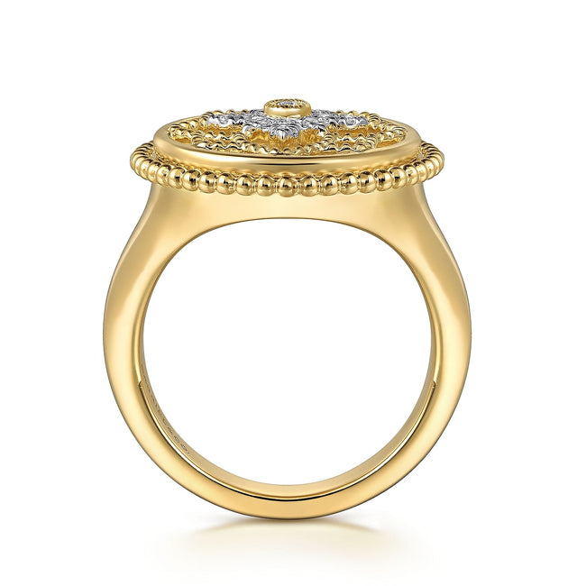 14K Yellow Gold Diamonds and White Mother of Pearl Bujukan Signet Ring