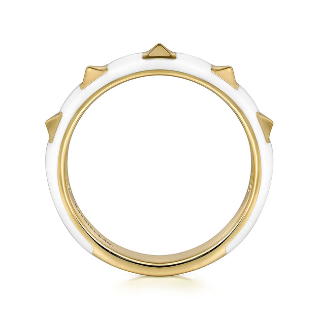 14K Yellow Gold Pyramid Stackable with White Enamel