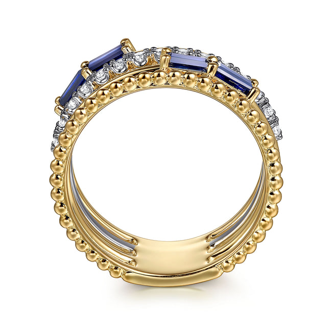 14K White & Yellow Gold Baguette Sapphire and Diamond Easy Stackable Ring