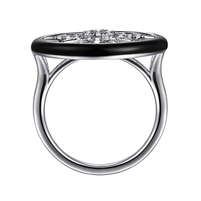 14K White Gold Diamond StarBurst Signet Ring with Black Enamel