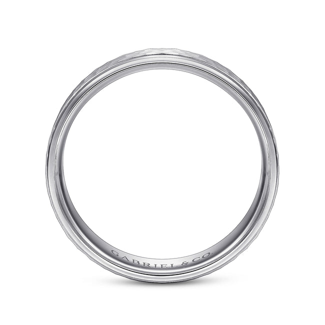 14K White Gold 6mm - Men's Wedding Band in Hammered Finish