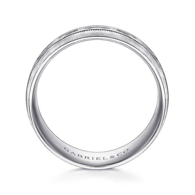 14K White Gold 8mm - Engraved Men's Wedding Band in Satin Finish