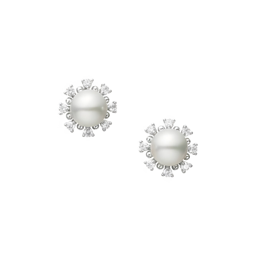 Classic Akoya Cultured Pearl and Diamond Earrings in 18K White Gold