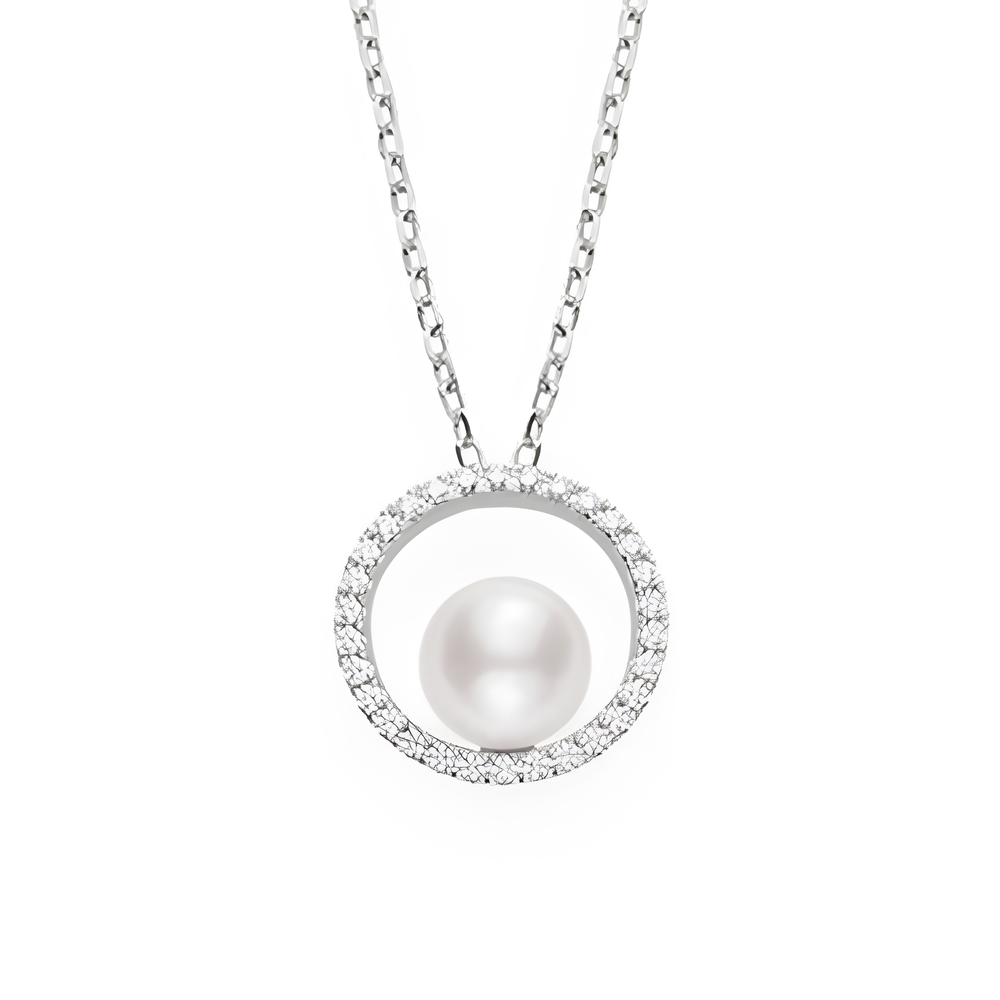 Akoya Cultured Pearl Circle Pendant with Diamonds in 18K White Gold