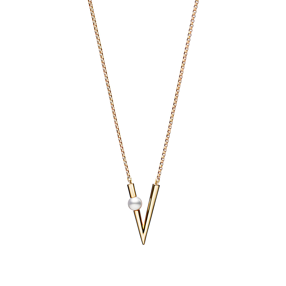 V Code Akoya Cultured Pearl Pendant in 18K Yellow Gold